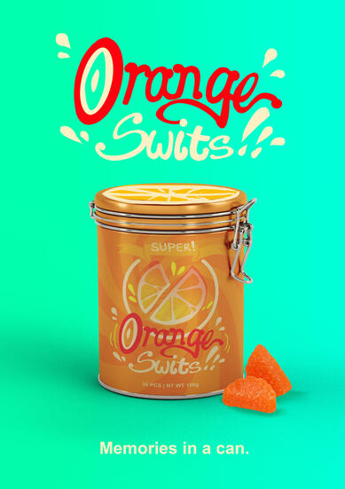 "Orange Swits Redesign and Repackaging" |Adobe Photoshop| Tin can for reusability and cuteness.